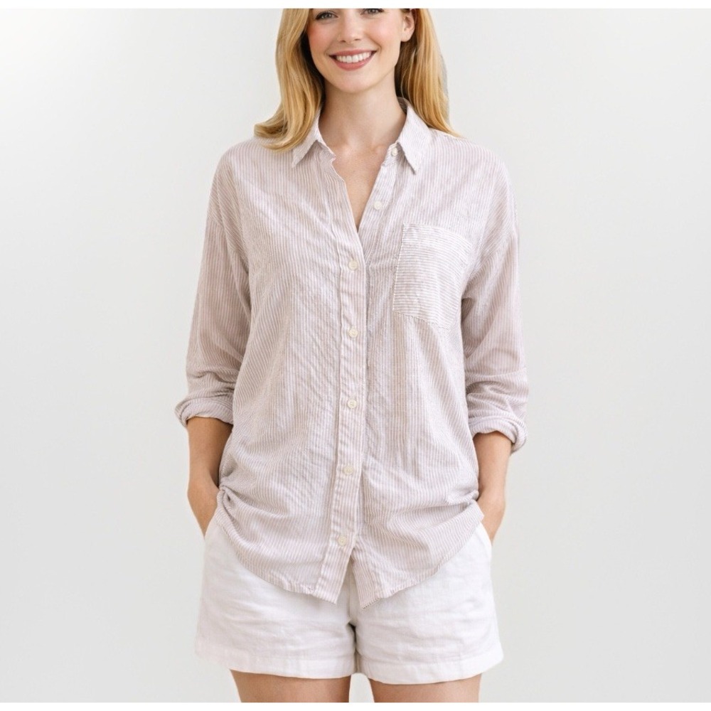 JUSTFAB Linen Seersucker Button Shirt Sz M Beige Resortwear Tropical Vaca Beach